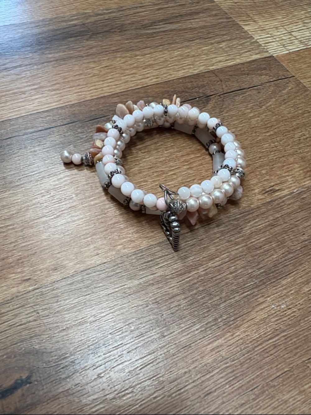 Multi-Strand Pink Beaded Wrap Bracelet with Silver Charm